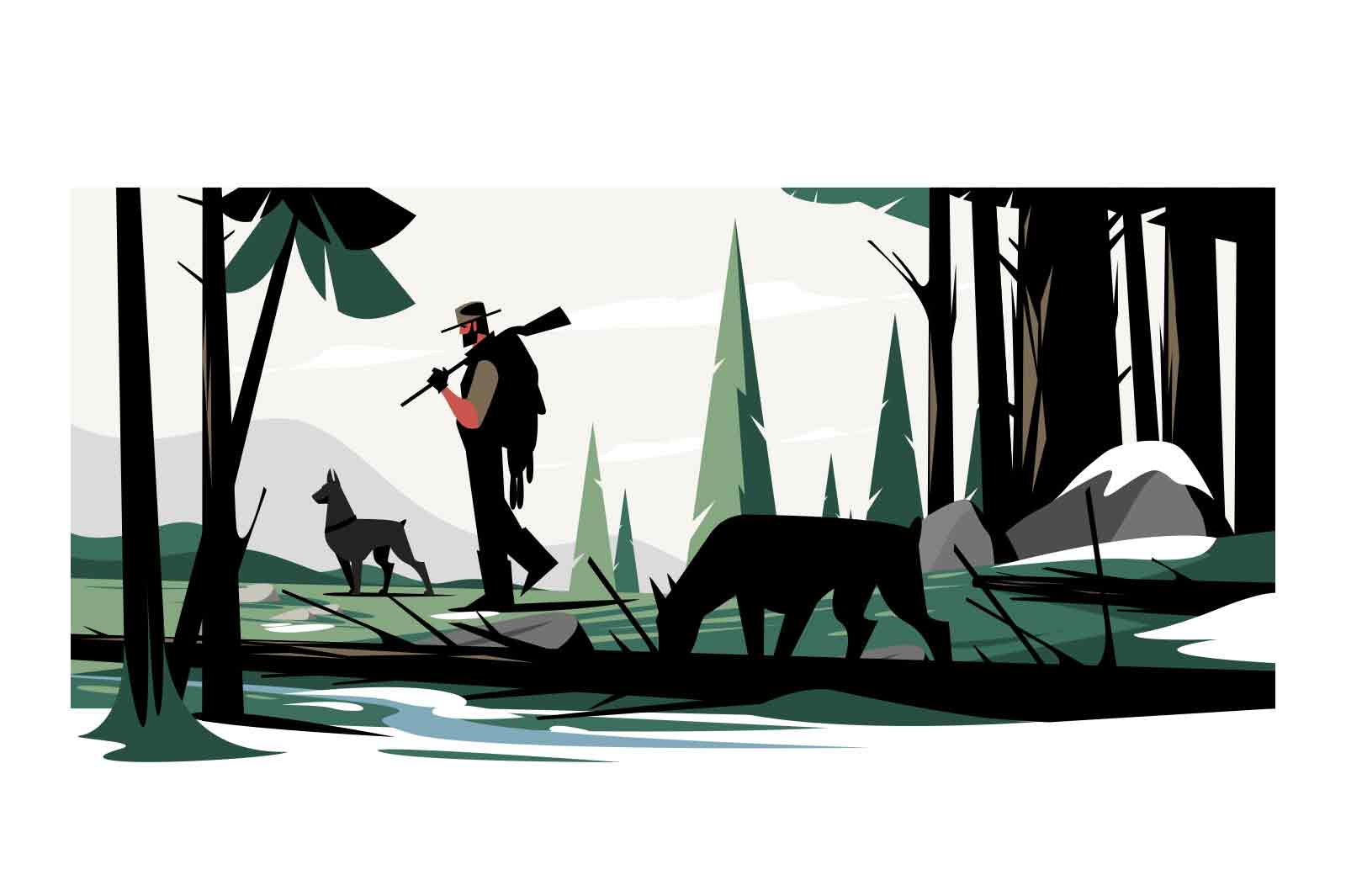 Man hunter with gun on hunting with dogs vector illustration. Huntsman with shotgun in forest flat style design. Hunt concept