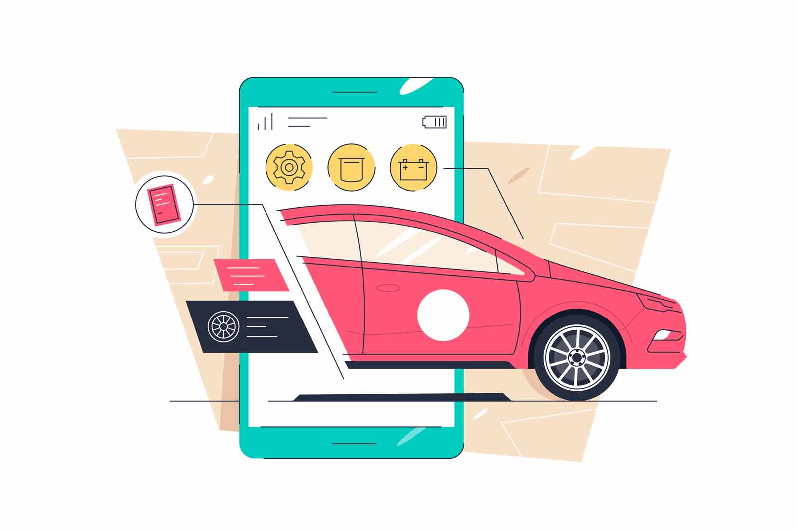 Car scan using mobile app on your smartphone vector illustration. Scan vehicle by mobile device flat style. Technology concept