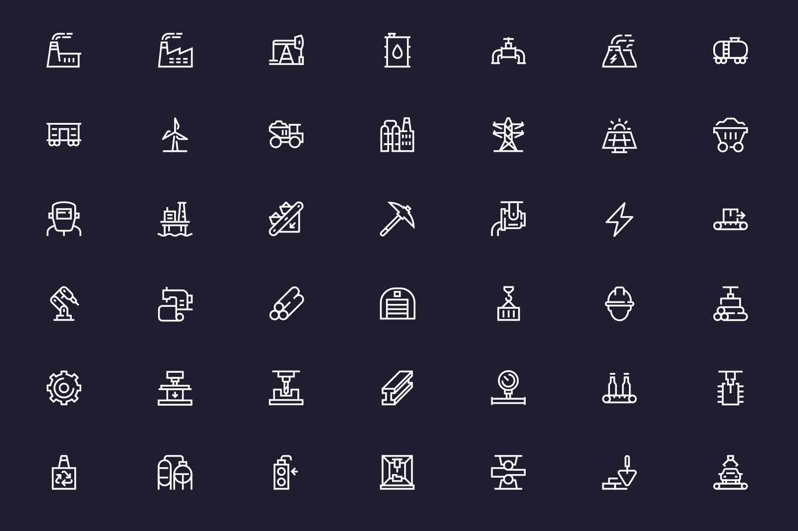 Set of industrial buildings icons set vector illustration. Heavy industry power and nuclear plants line icon. Dark background