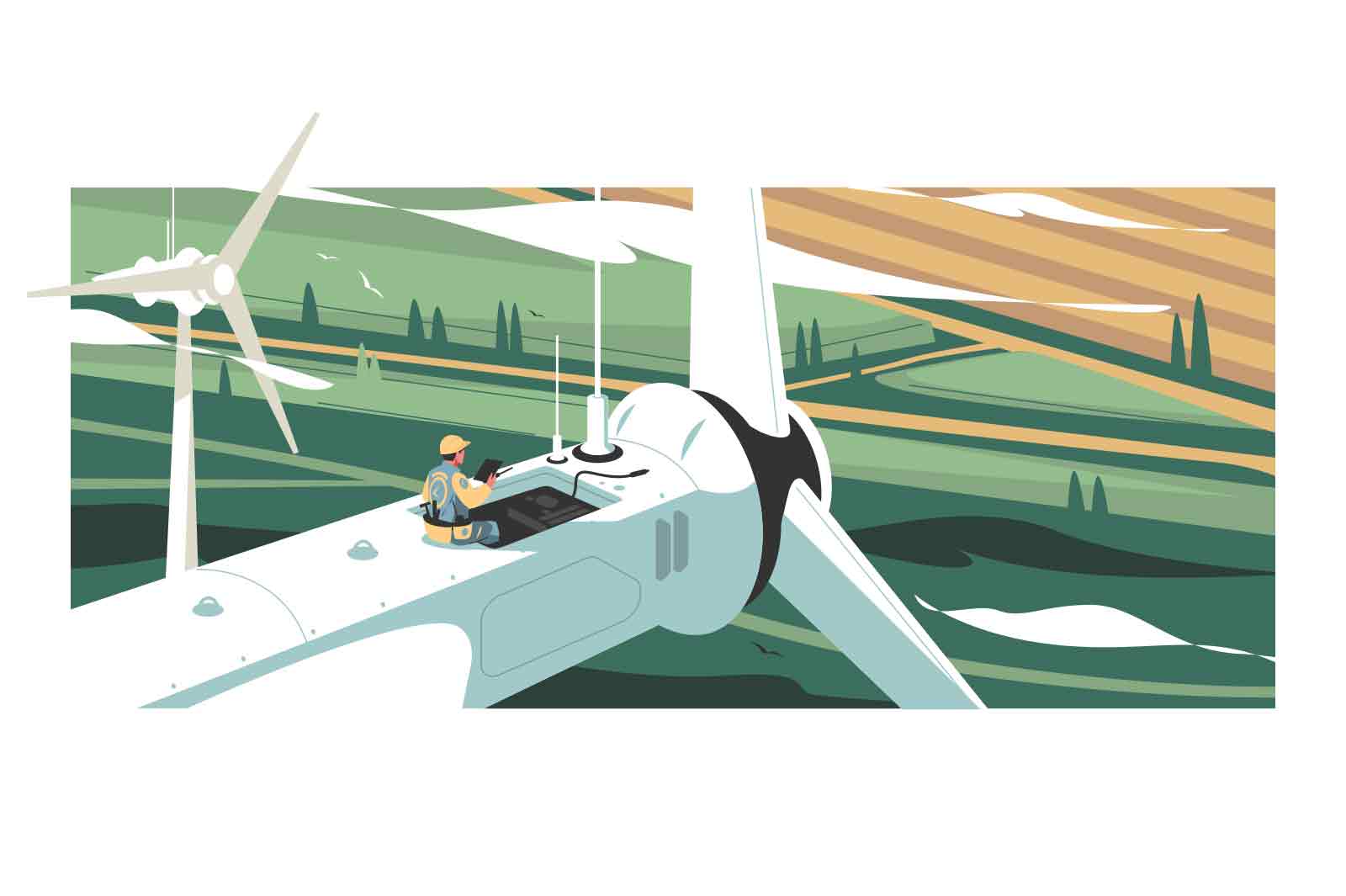 Man installer repairing windmill or programme installing process vector illustration. Eco or green energy flat style. Environment concept