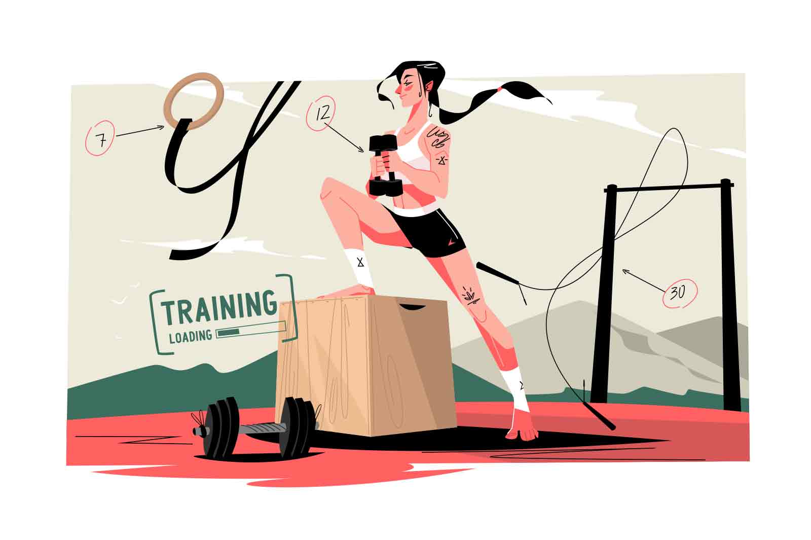 Intense workout, physical exercises and time for fitness vector illustration. Woman working out in gym flat style concept