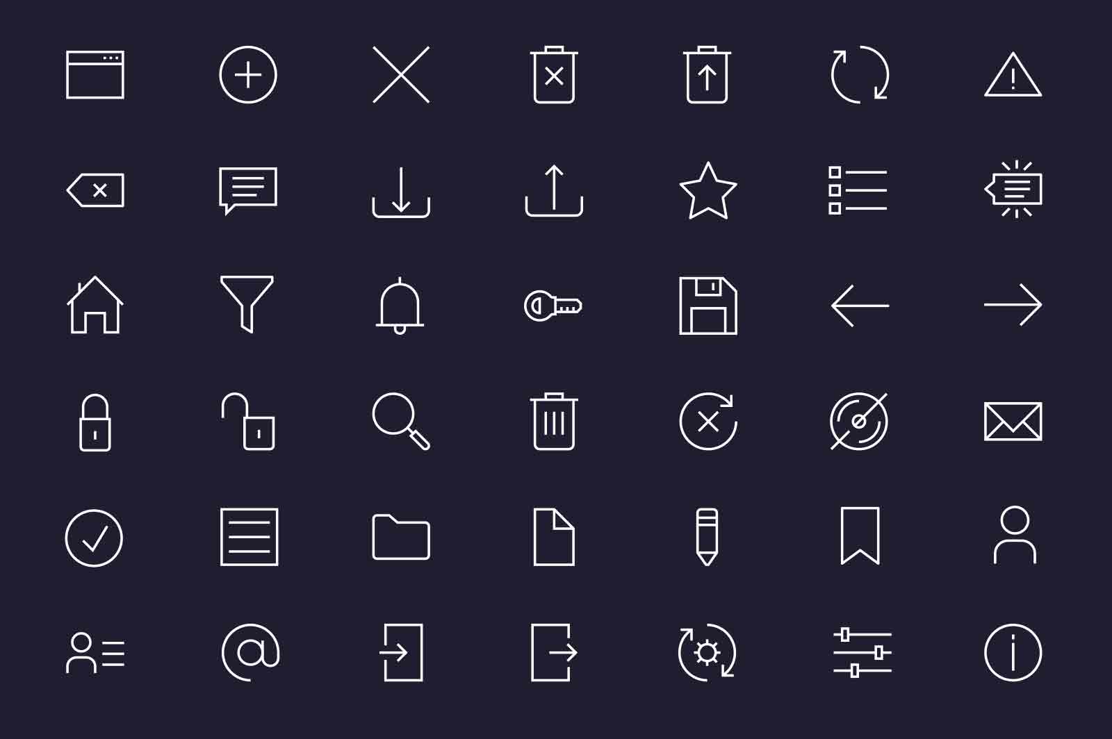 Website interface icons set vector illustration. Collection of signs for desktop line icon. Dark background