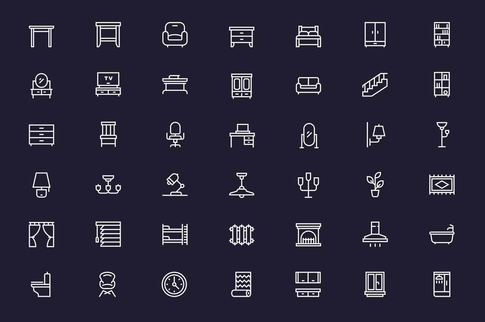 Home interior related elements icons set vector illustration. Arrange rooms in apartment line icon. Dark background