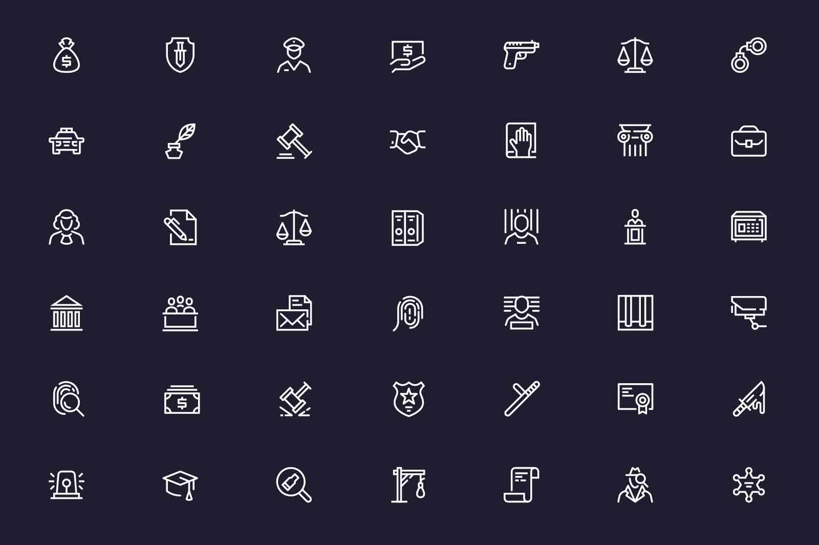 Law and justice related symbols icons set vector illustration. Hammer, legal scales, lawyer, courthouse line icon. Dark background