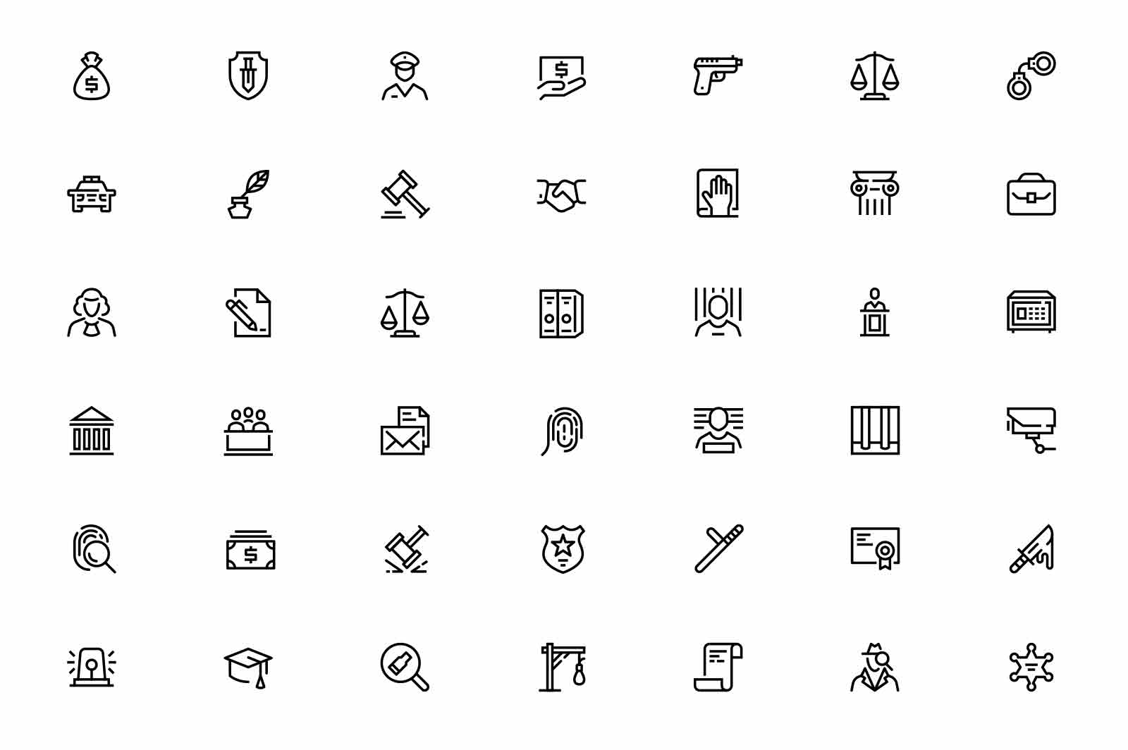 Law and justice related symbols icons set vector illustration. Hammer, legal scales, lawyer, courthouse line icon. Court of justice concept