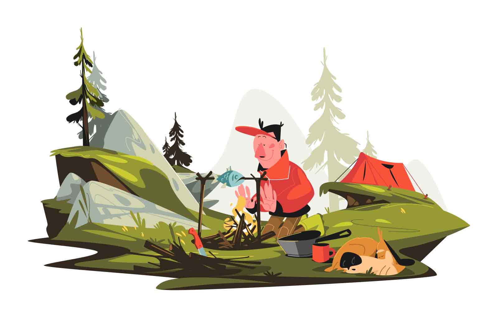 Man tourist cooking fish on bonfire and basking by fire vector illustration. Camping and picnic time flat concept. Hiking and adventure idea