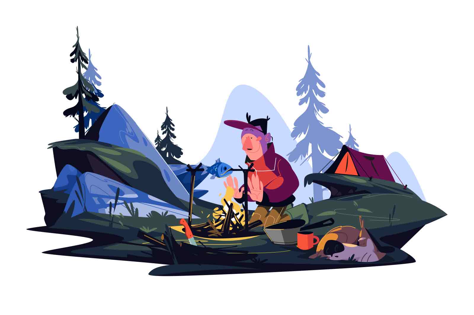 Man tourist cooking fish on bonfire at night fire vector illustration. Camping and picnic time flat concept. Hiking and adventure idea