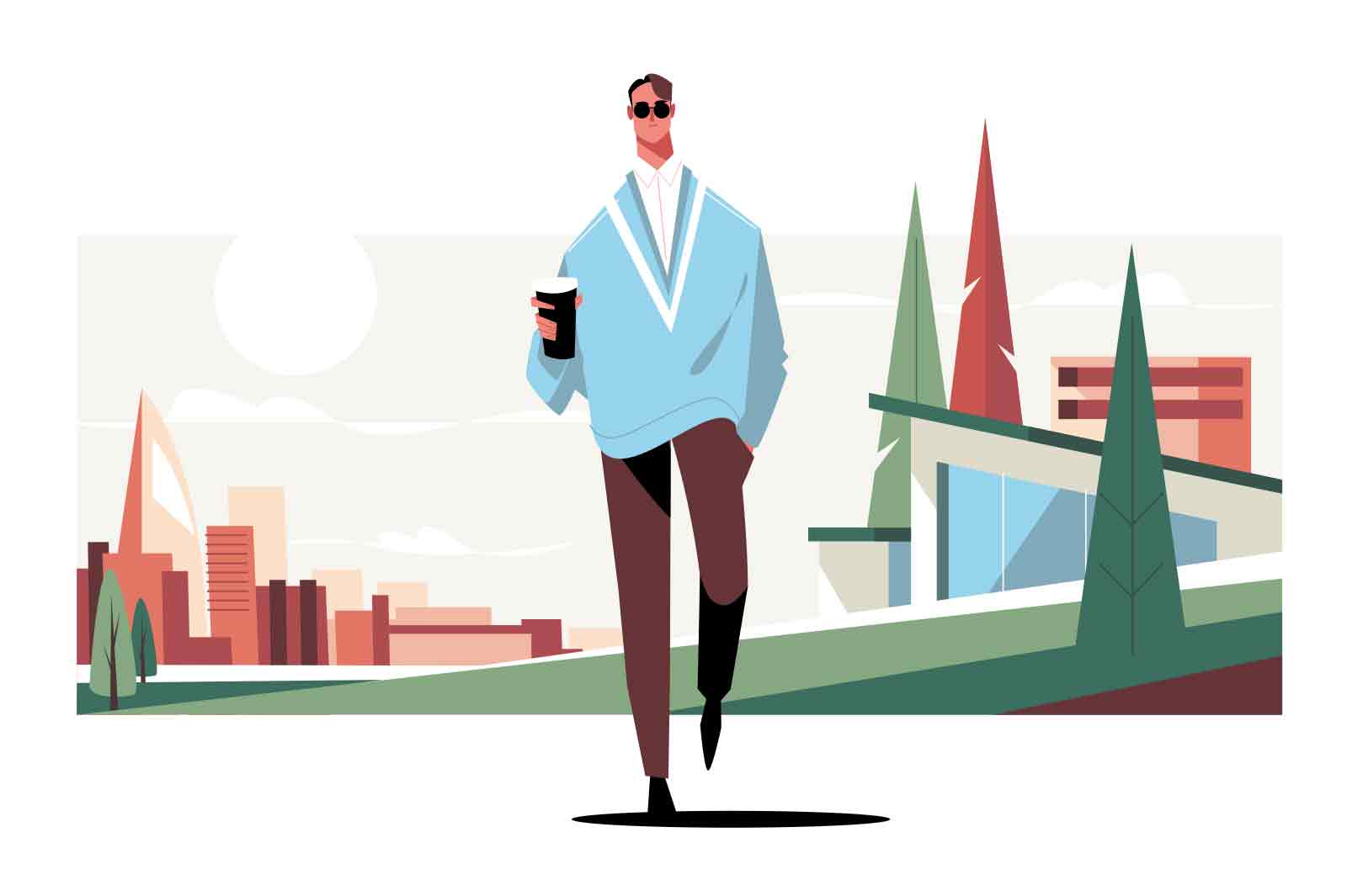 Stylish man in pullover walk on city street vector illustration. Weekend walk in park with coffee flat style. Leisure, break, lunch concept
