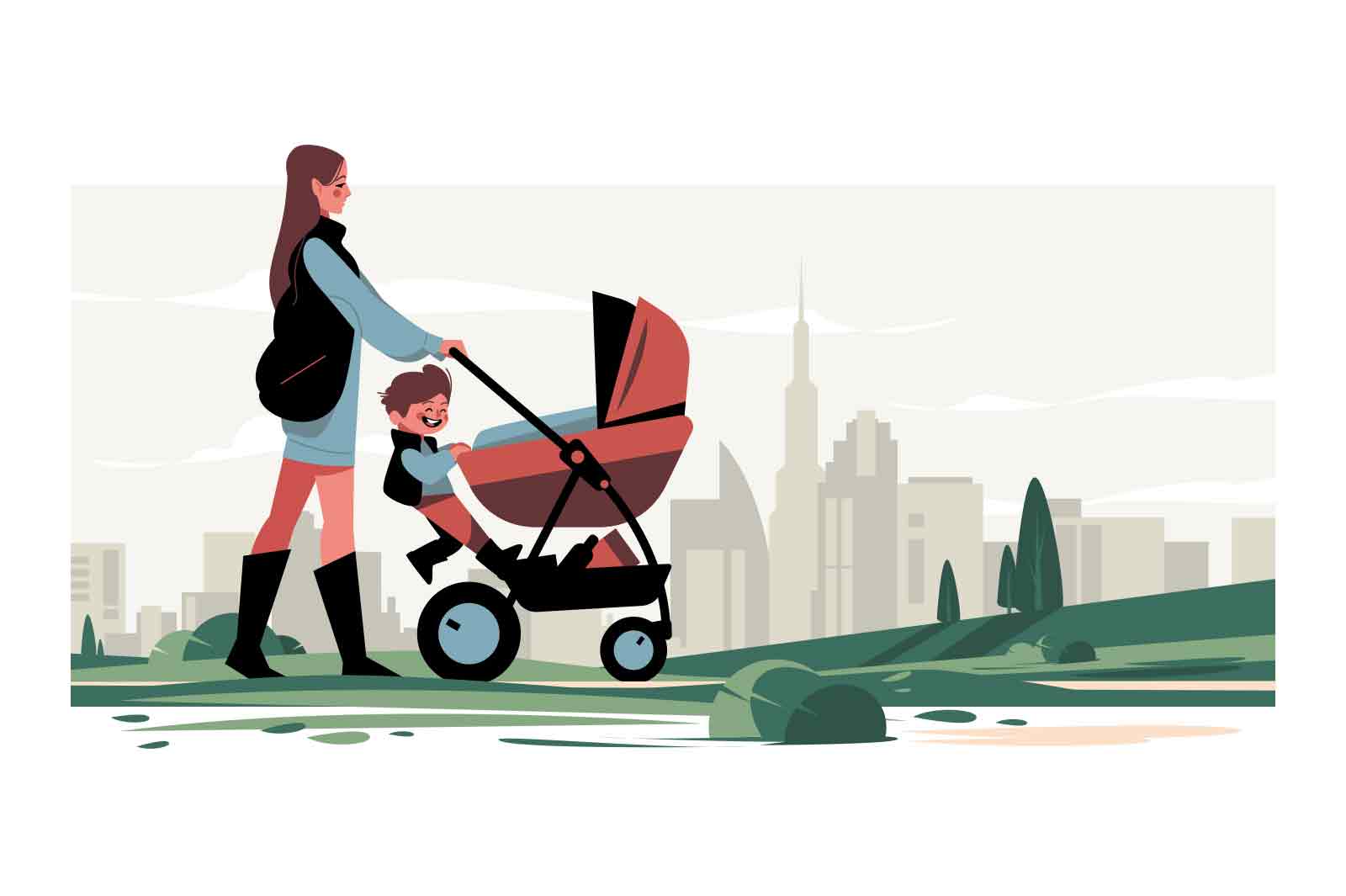 Mom walking with children in green park vector illustration. Mother with toddler boy and stroller flat style. Family, parenthood concept