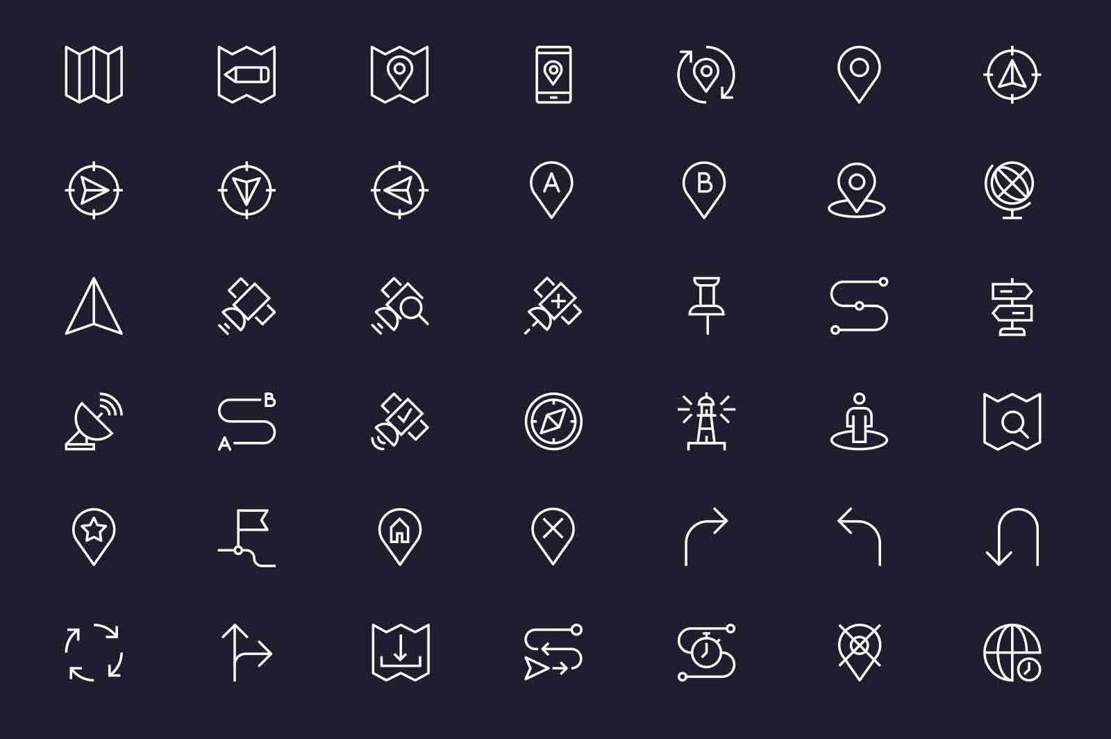 Follow map and find way icons set vector illustration. Methods to get to specific place line icon. Dark background