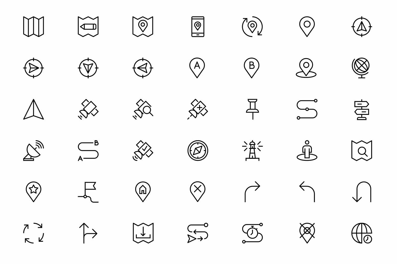Follow map and find way icons set vector illustration. Methods to get to specific place line icon. Navigation, gps, map and guidance concept