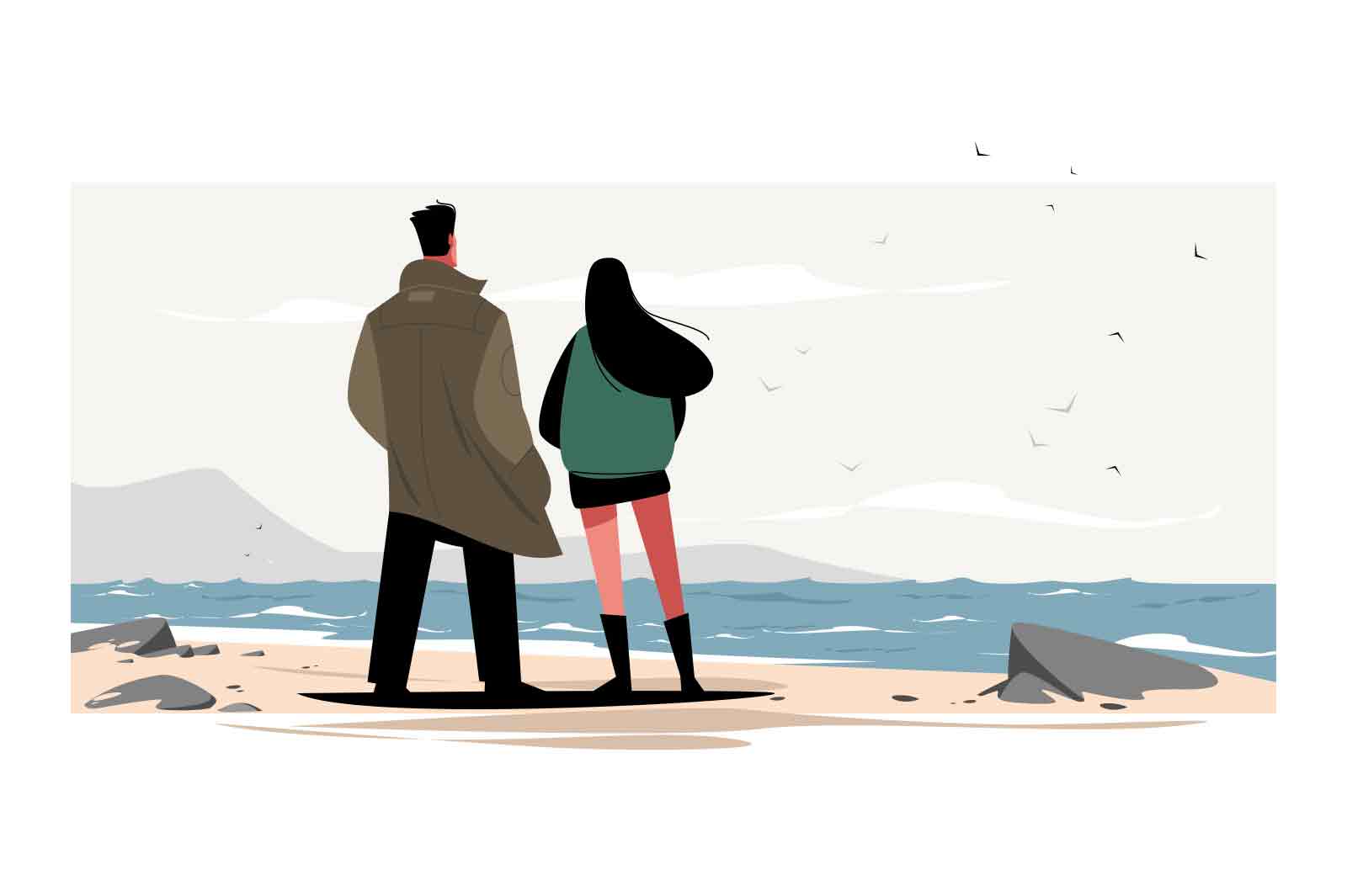 Couple enjoy nature sea view on coast vector illustration. Man and woman watch ocean waves flat style. Romance, date, love, leisure concept