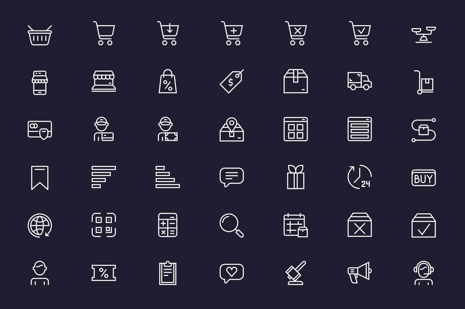 Online shopping and making order icons set vector illustration. Shopping cart, assortment, sale line icon. Dark background