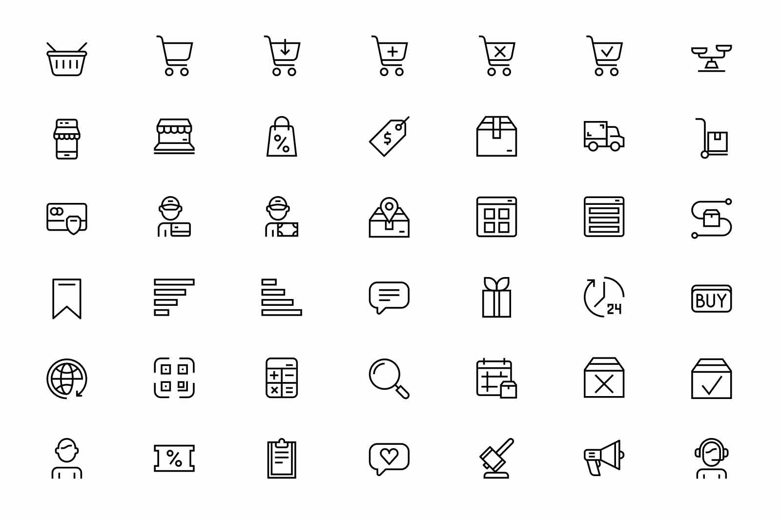 Online shopping and making order icons set vector illustration. Shopping cart, assortment, sale line icon. Shop from home, pay online concept