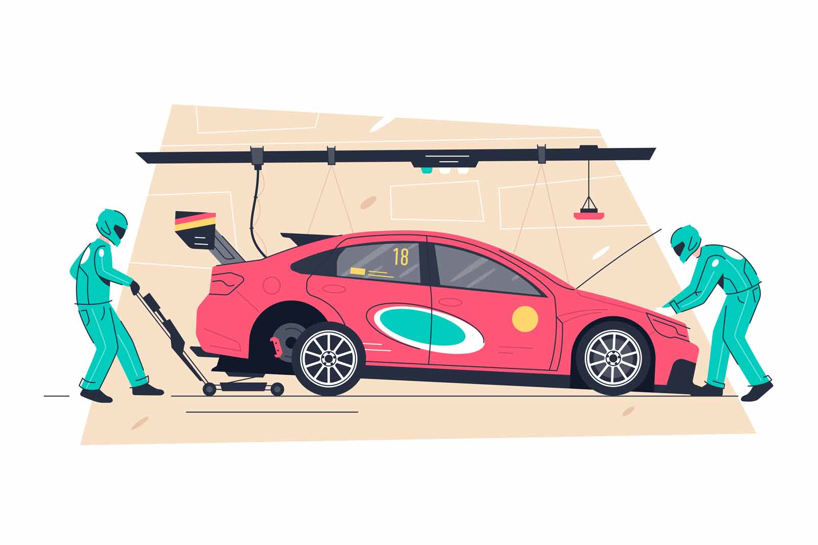 Professional pitstop team service, male character work together vector illustration. Lift car, change tyre, tool flat style. Pitstop concept