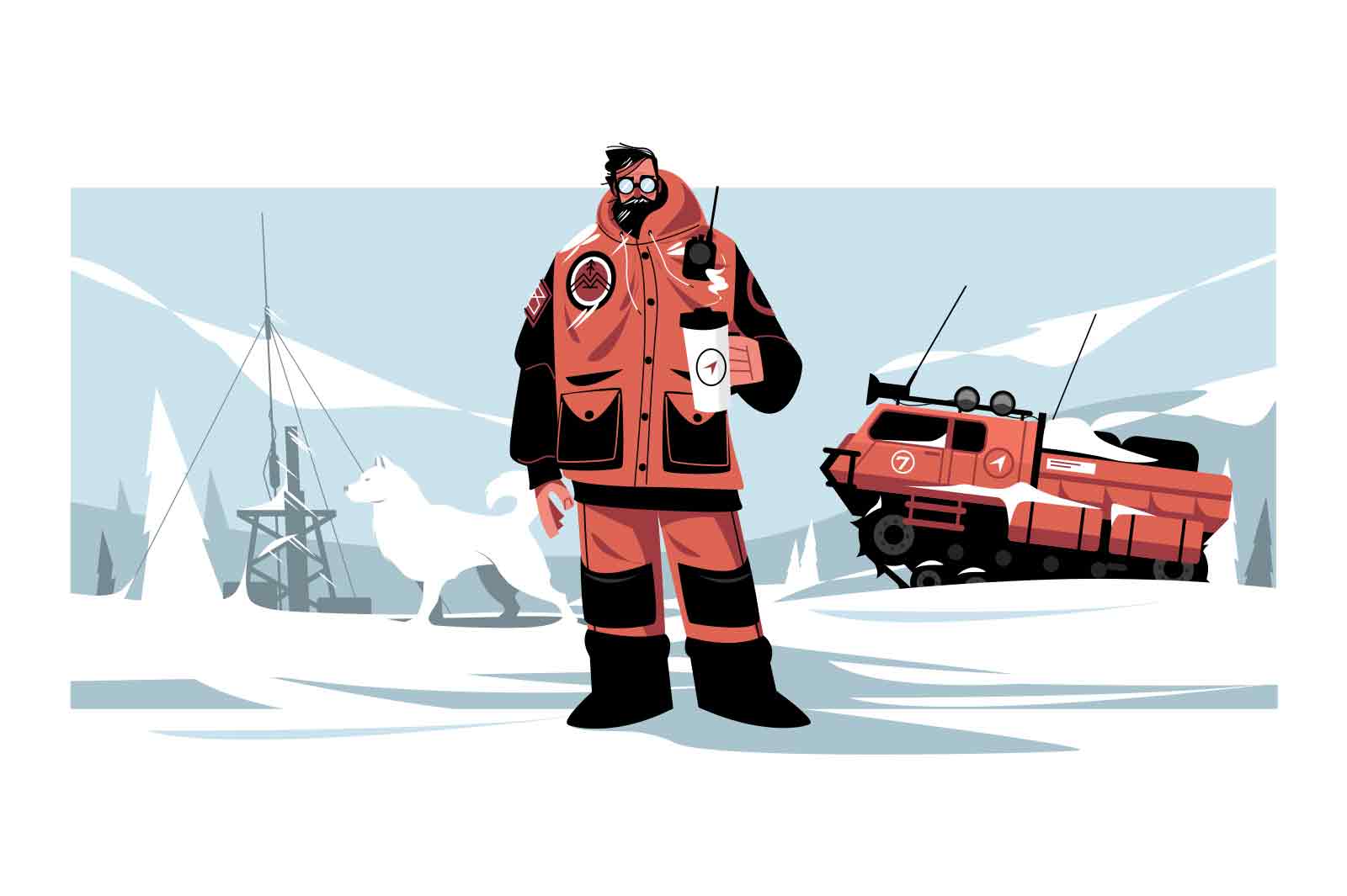 Polar explorer character with cup of hot tea vector illustration. Research station, snowmobile flat style. Offshore oil production concept