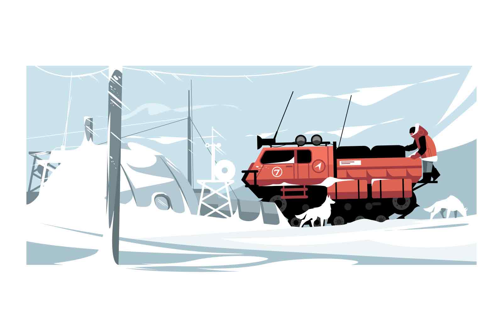 Man polar scientist climb on truck, mobile shelter vector illustration. Research station, antarctic polar flat style. Research, expedition concept