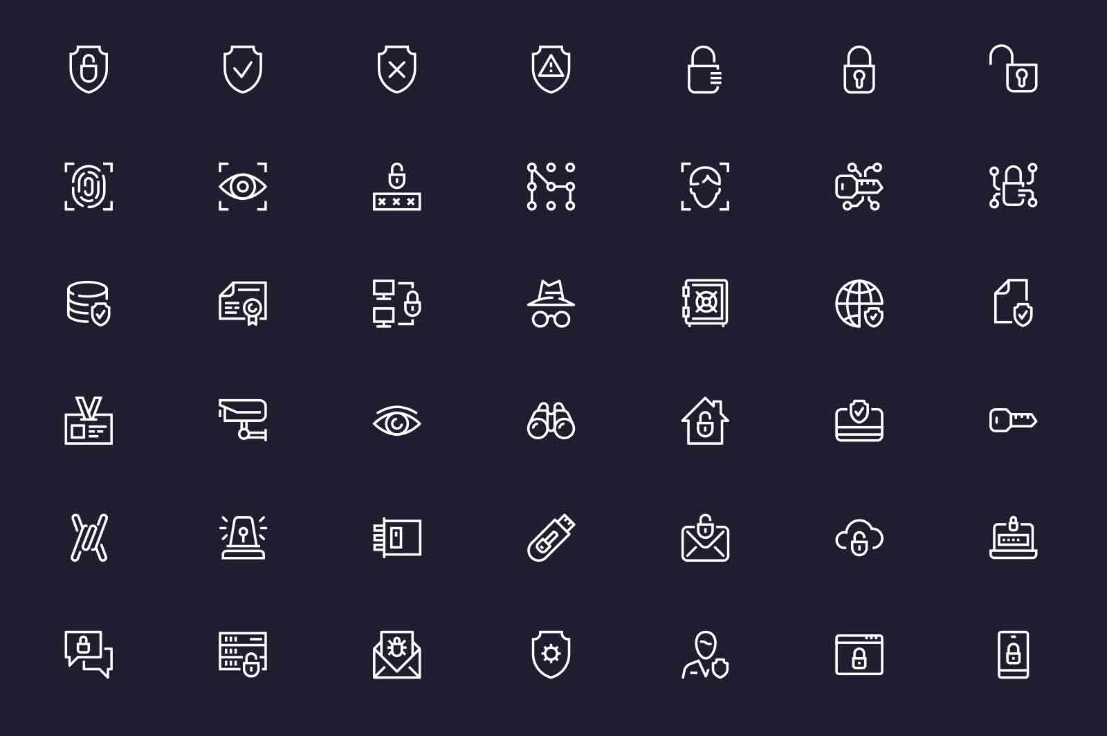 Personal information safety and protection icons set vector illustration. Digital lock, cyber security, fingerprint line icon. Dark background