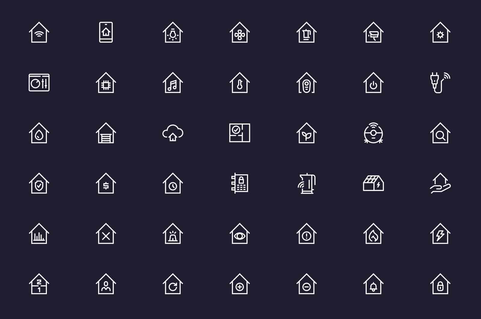 Smart house icons set vector illustration. Organize home through device line icon. Dark background