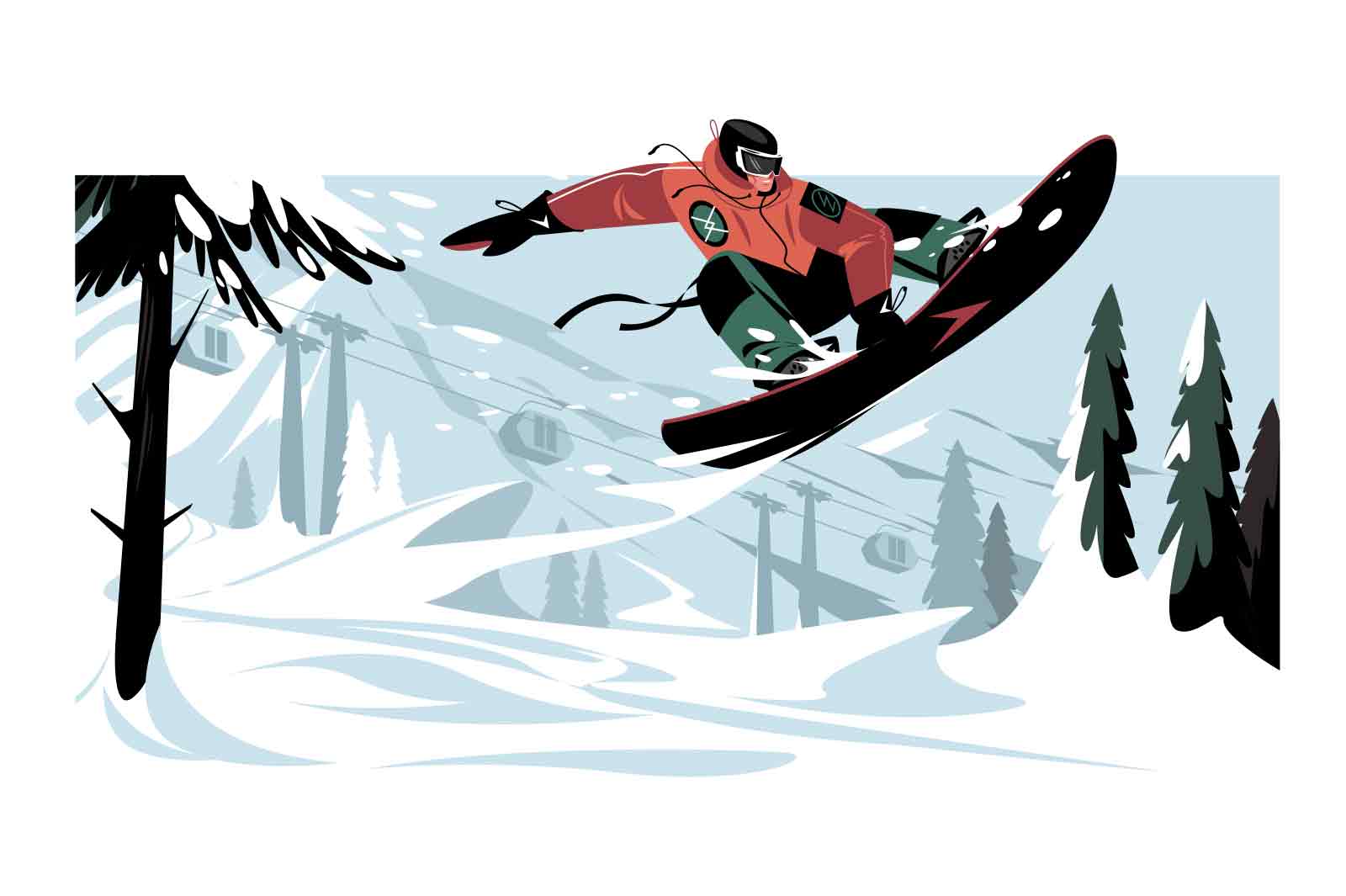 Snowboarder jumping on snowy mountains background vector illustration. Man with snowboard flat style. Winter sport concept