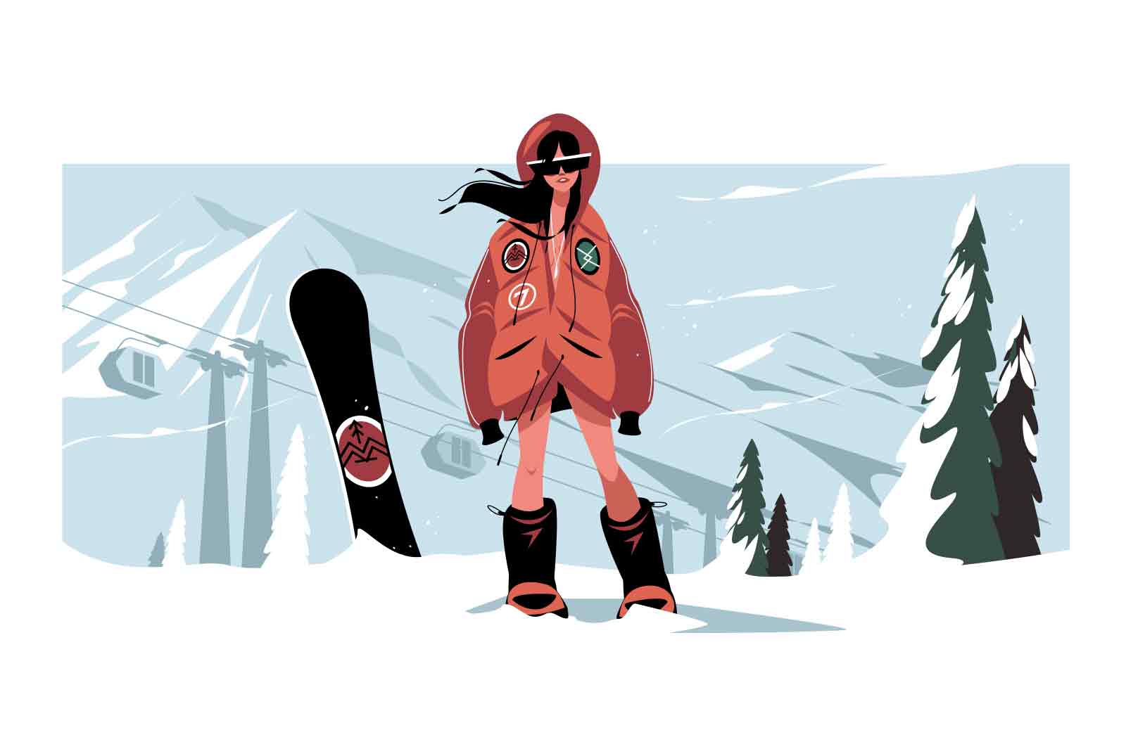 Girl with snowboard stand on snowy mountain vector illustration. Snowboarder on hill before sliding down flat style. Sport concept