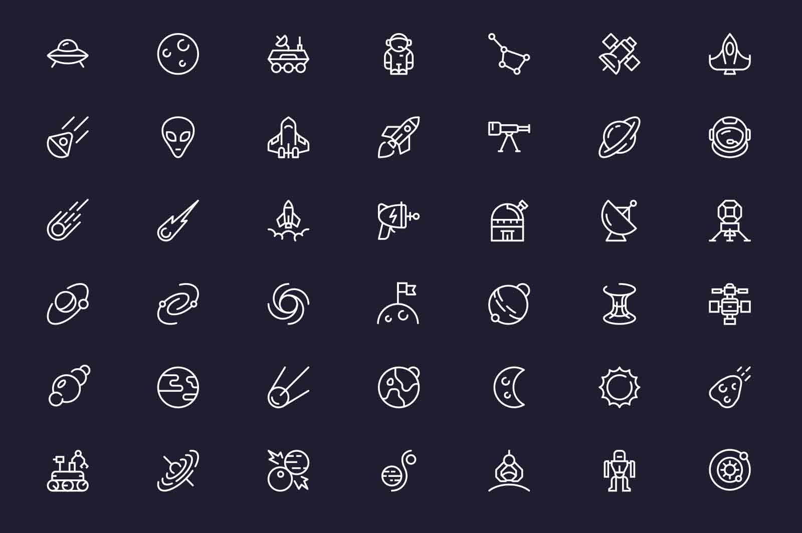 Set of space exploration icons set vector illustration. Astronomy and cosmos line icon. Dark background