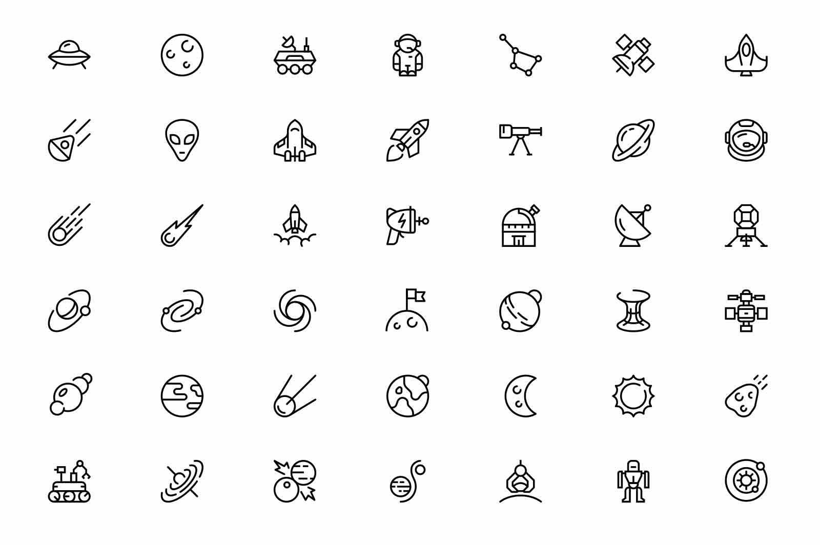 Set of space exploration icons set vector illustration. Astronomy and cosmos line icon. Earth, moon, star, sun and galaxy concept