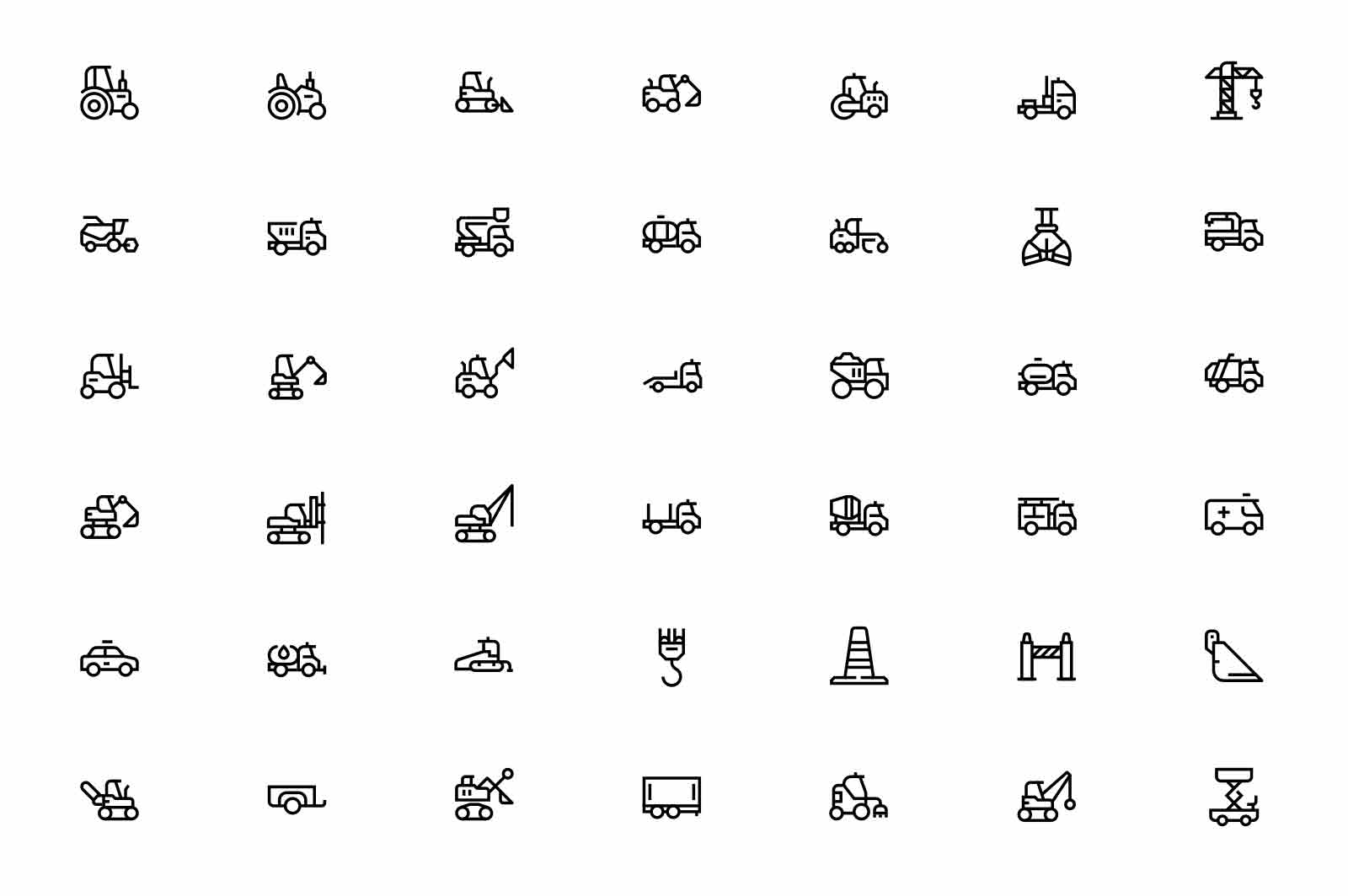 Heavy equipment construction machines icons set vector illustration. Building transport line icon. Industrial vehicle and machinery concept