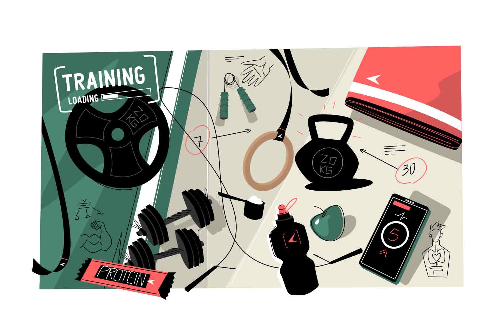 Sports equipment for traning in gym laying on floor vector illustration. 