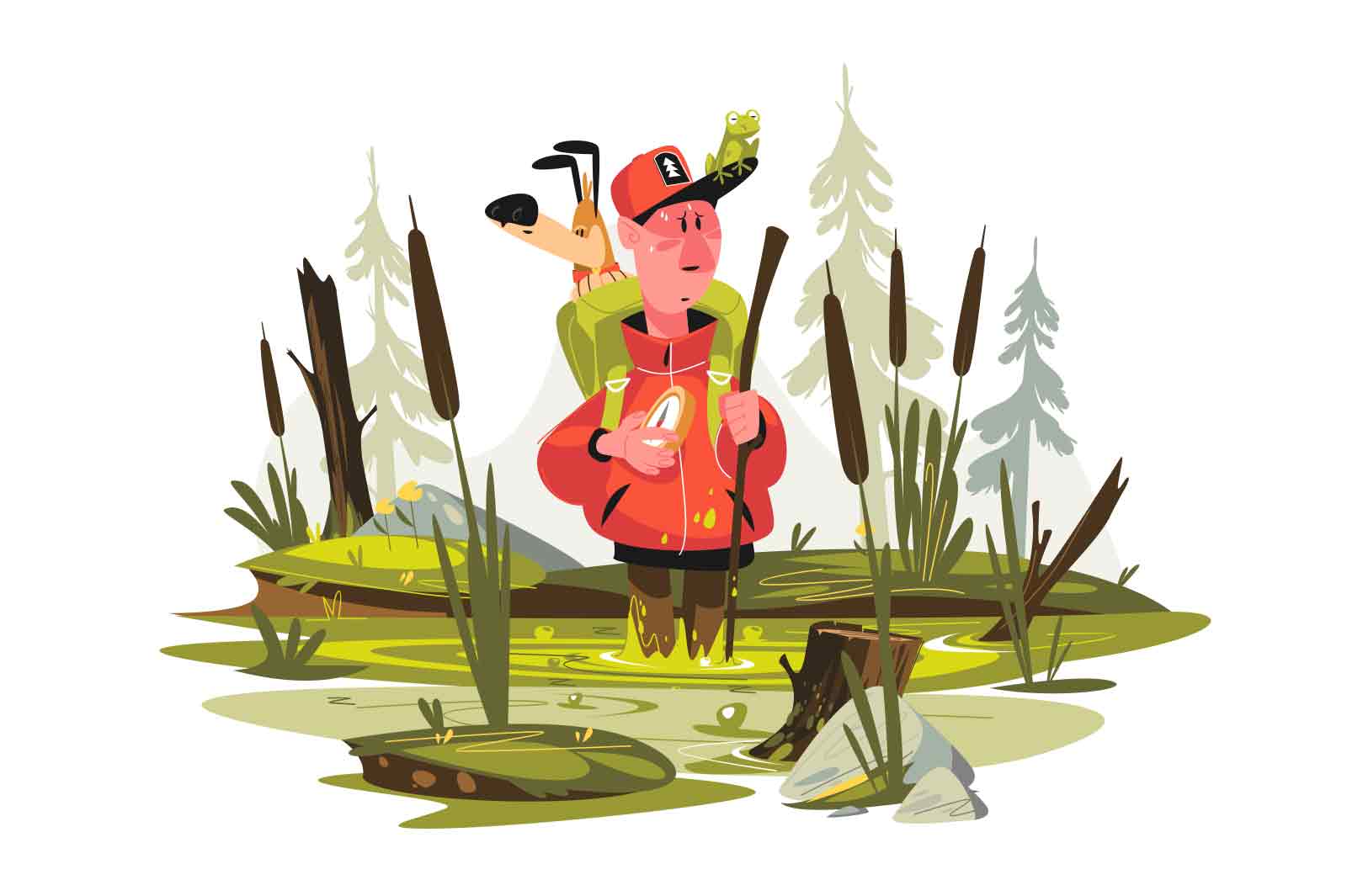 Male tourist with dog getting lost on swamp vector illustration. Guy with compass going through marsh flat concept. Hiking and travelling idea