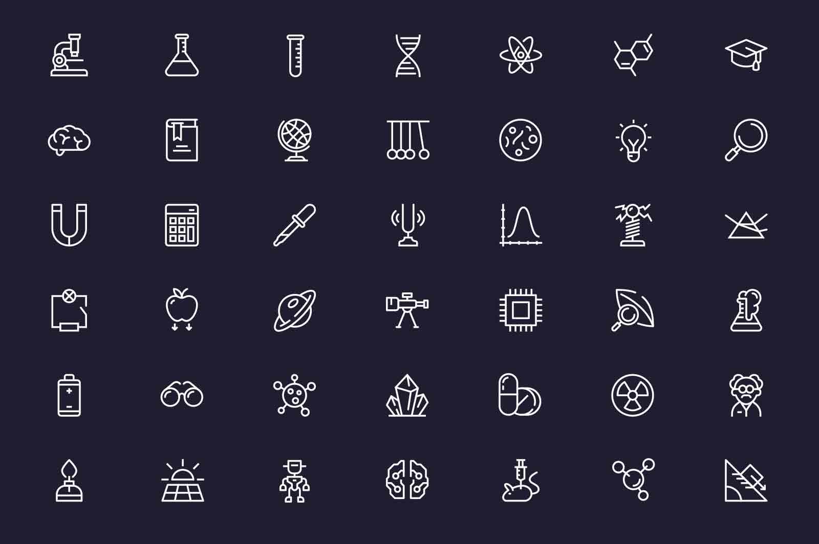 Scientific laboratory and tests icons set vector illustration. Experiment with modern equipment line icon. Dark background