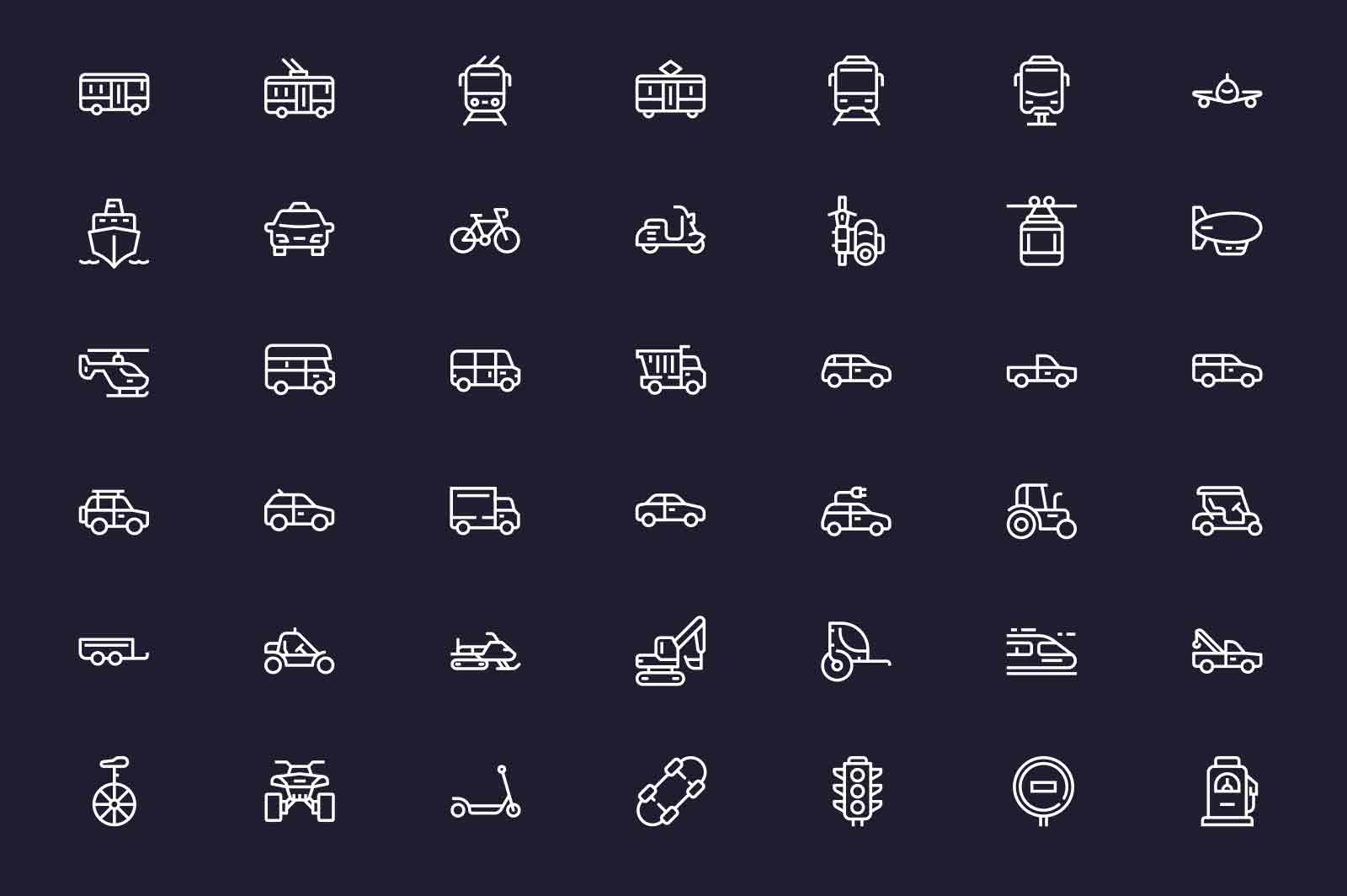 Cars and city transport icons set vector illustration. Airplane, bus, train, car, boat, tram line icon. Dark background