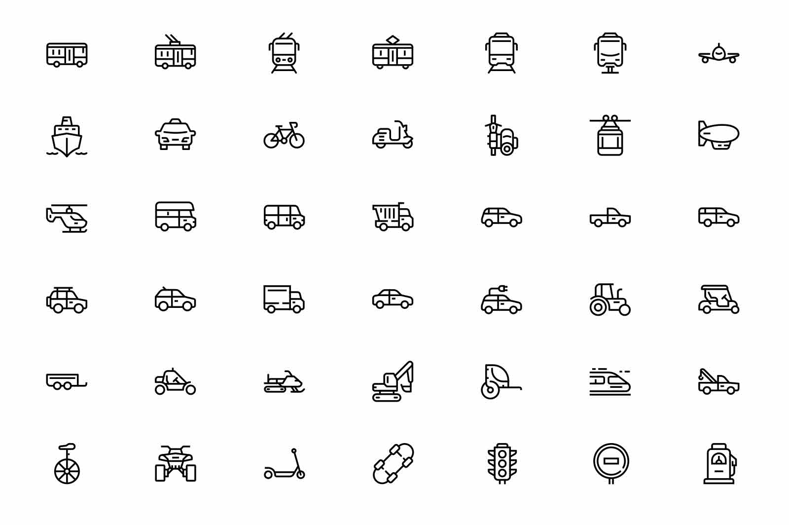 Cars and city transport icons set vector illustration. Airplane, bus, train, car, boat, tram line icon. Transportation and traffic concept