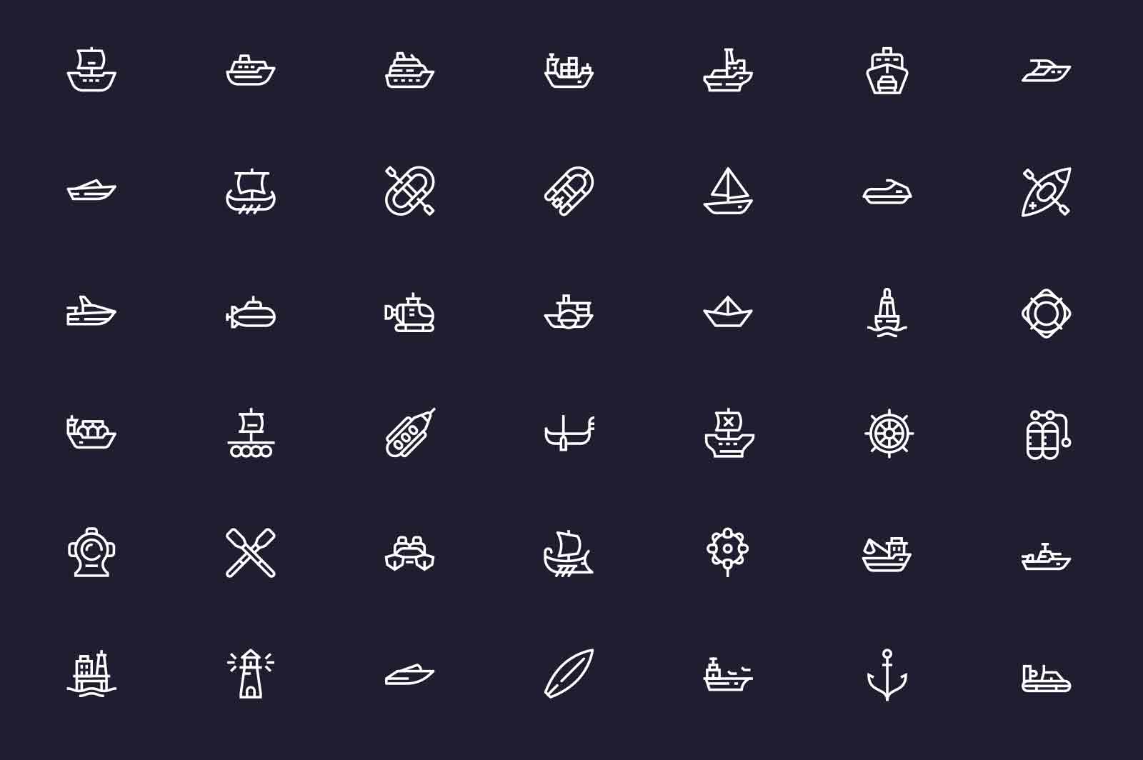 Water transport icons set vector illustration. Yachts, submarine, ship and motor boats line icon. Dark background