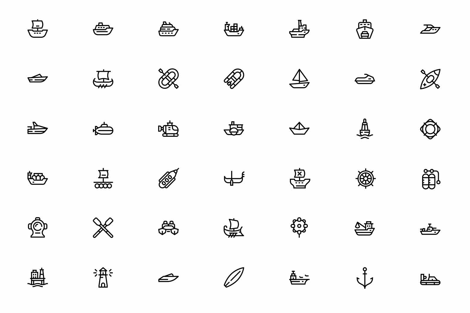 Water transport icons set vector illustration. Yachts, submarine, ship and motor boats line icon. Transportation concept