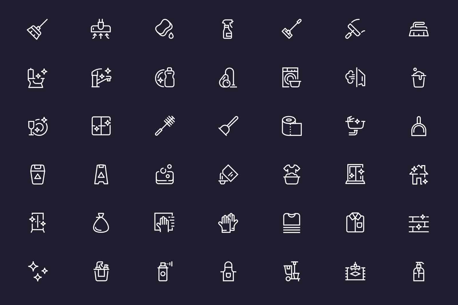 Equipment for cleaning home space icons set vector illustration. Shiny house, clean floor, smelly cloth, no dust line icon. Dark background