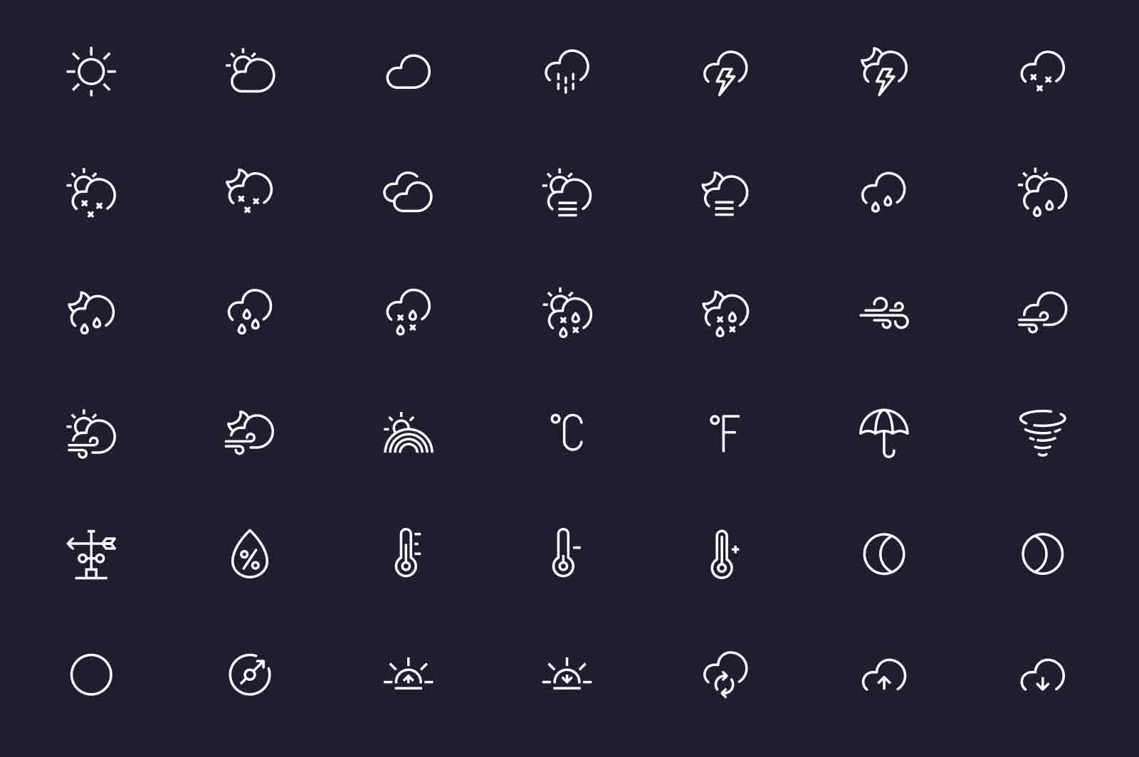Meteorological weather forecast icons set vector illustration. Sun, clouds, snowflakes, wind, rainbow, moon line icon. Dark background