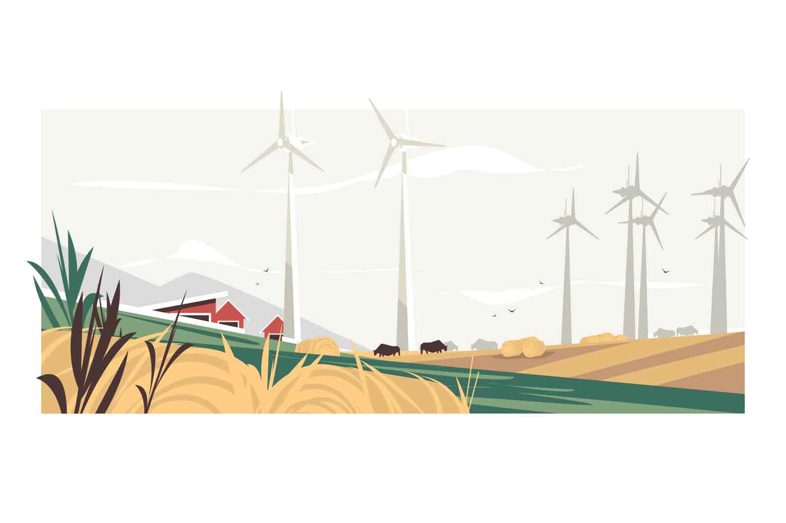 Windmills placed in countryside fields on farm vector illustration. Wind turbines in meadow flat style. Alternative energy resource concept
