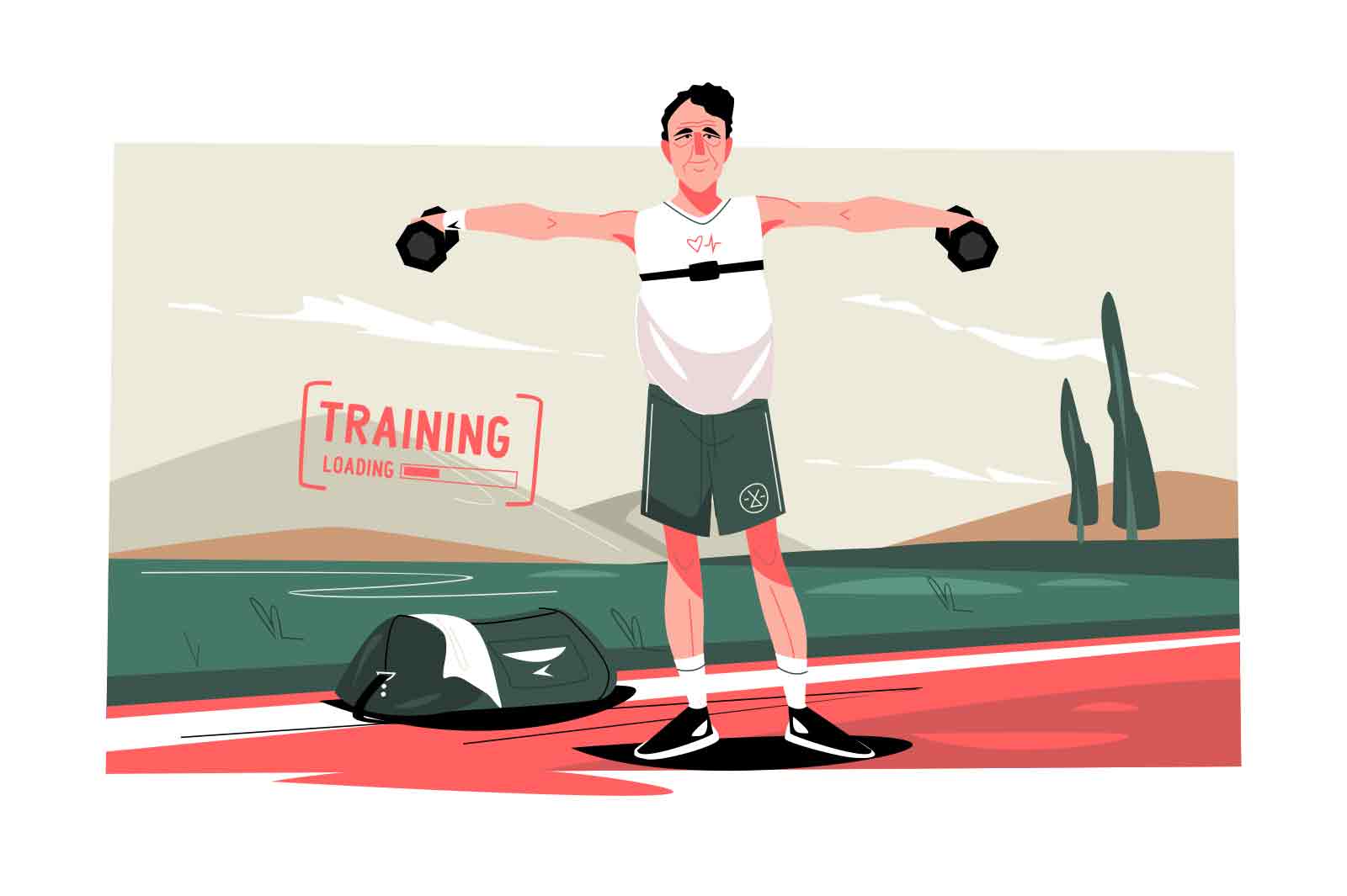 Sport workouts for elderly people, healthy lifestyle vector illustration. Positive aged man training with dumbbells flat style