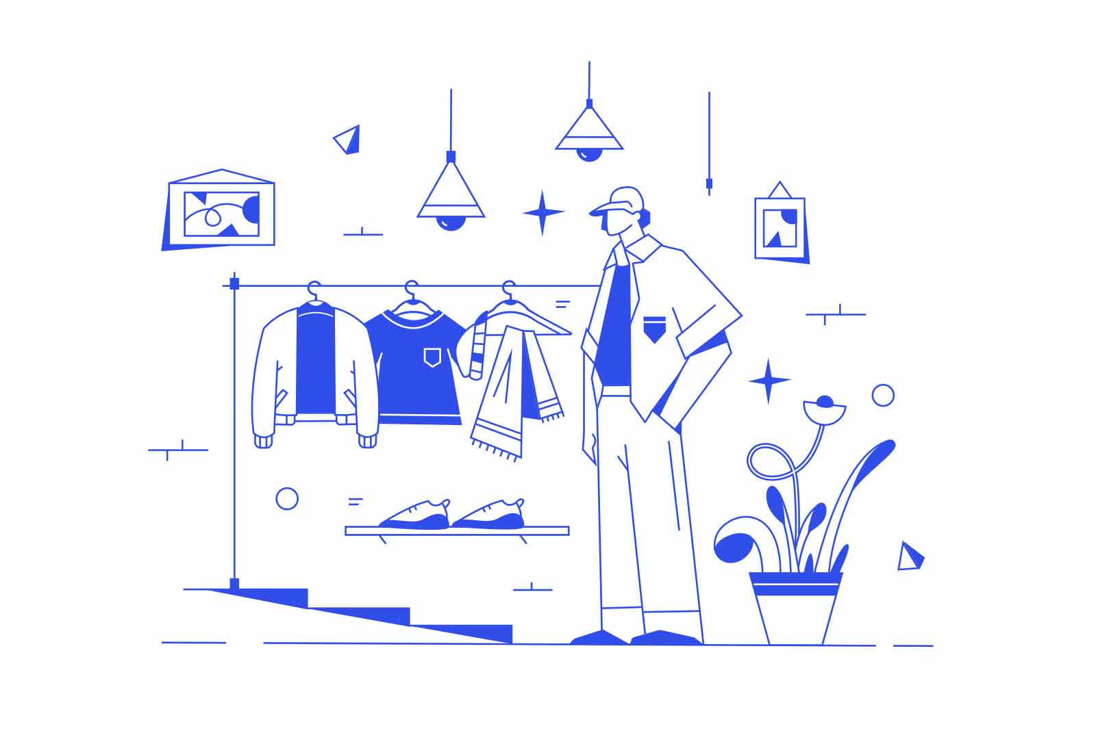 Guy fitting clothes in dressing room at fashion shop vector illustration. Man at clothing store linear concept. Shopping idea