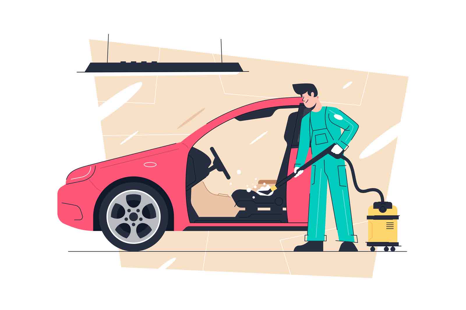 Dry cleaning of car salon, auto wash service vector illustration. Washer cleaning interior of vehicle with special equipment