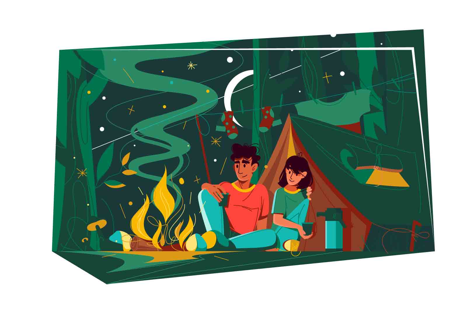 Couple near fire in evening, camping night in nature vector illustration. Get warm, campfire in forest, adventure time, traveling concept