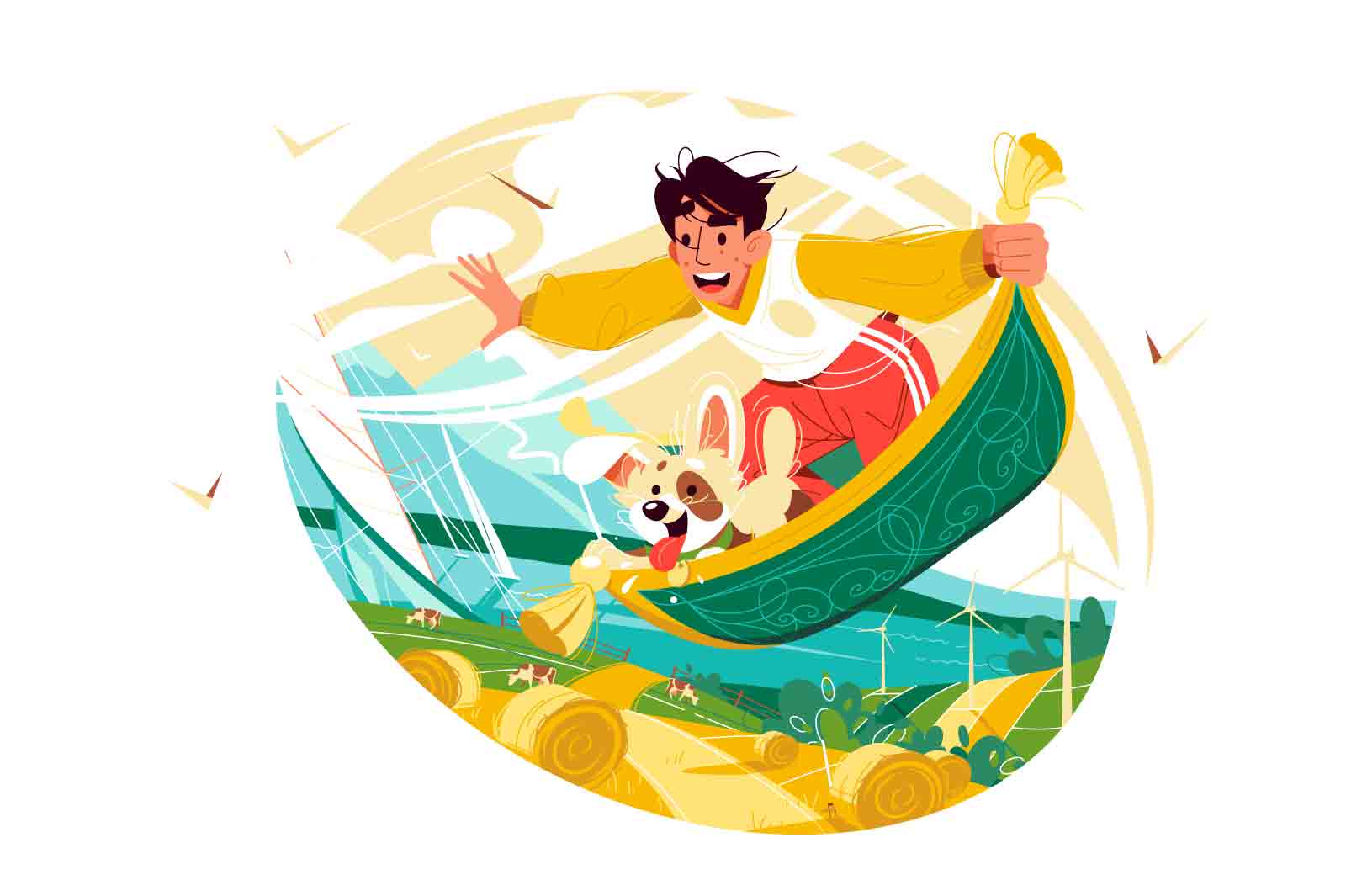 Male character with dog flying on magic carpet vector illustration. Magic rug fly over nature landscapes flat style. Travel, explore concept