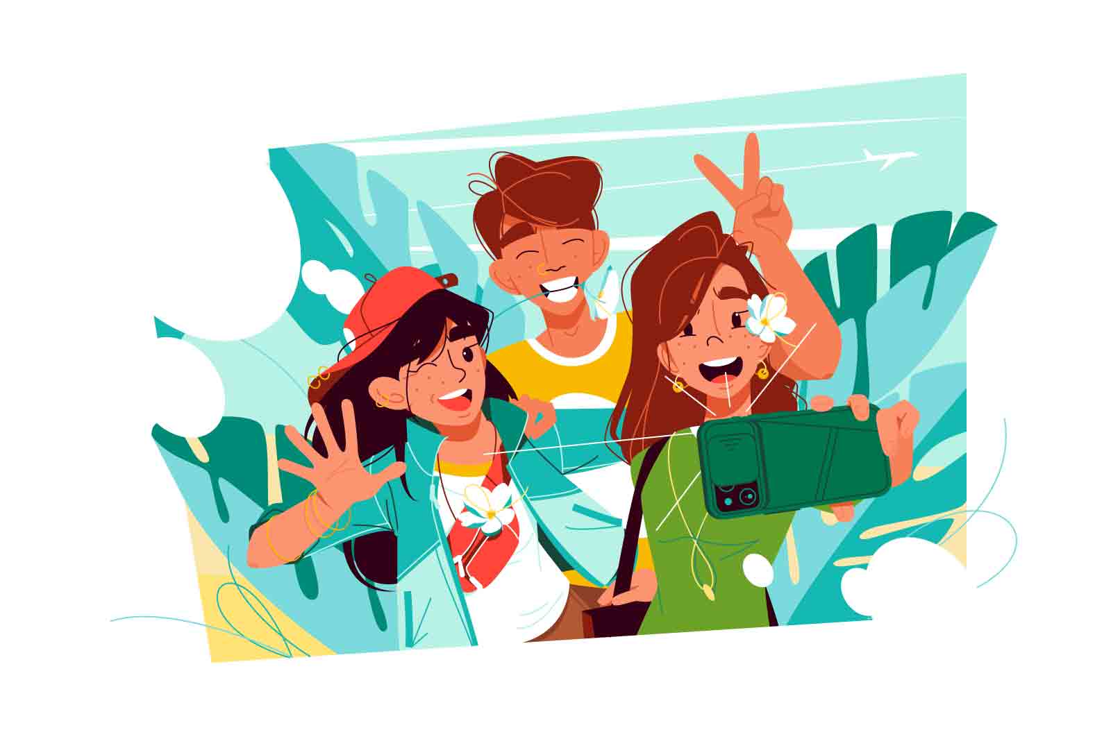 Friends taking selfie on smartphone, capture happy moment vector illustration. Save precious memory, posing for photo. Friendship concept