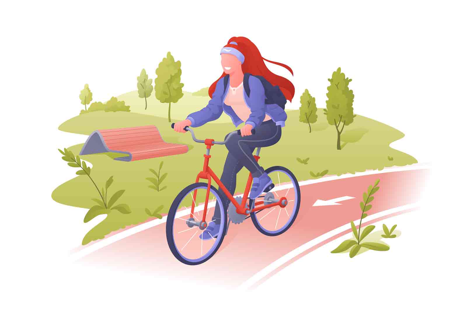 Woman cyclist riding bike outdoors on nature background vector illustration. Bicycle sport and ecology transport flat concept