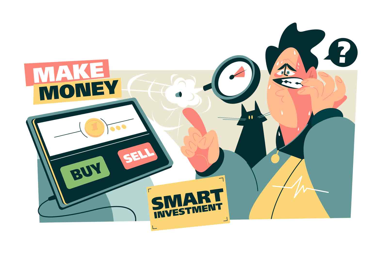 Financial trading and smart investment, make money buy or sell vector illustration. Stock market investment flat style concept