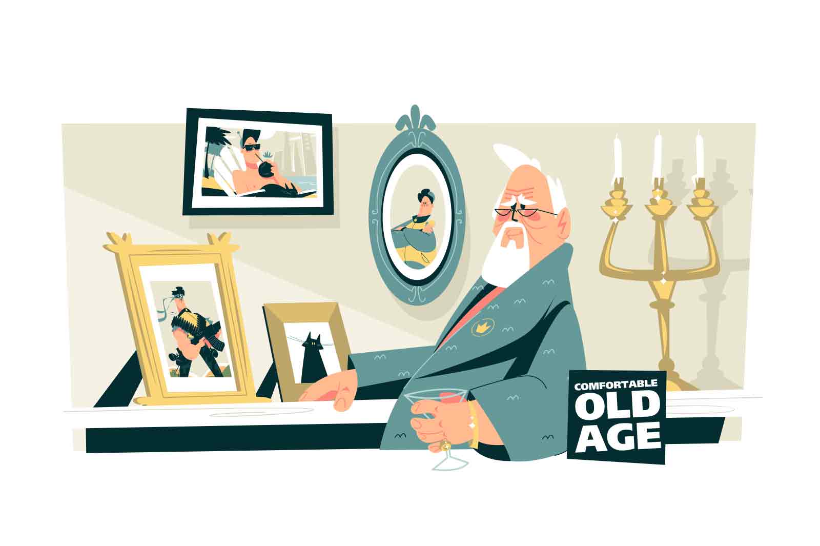 Wealthy elderly man sitting in chair and looking at photos vector illustration. Comfortable old age flat style concept.