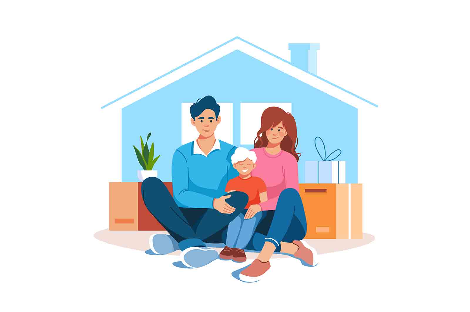 Happy friendly family sitting together at home vector illustration. Smiling mother, father and son flat style concept