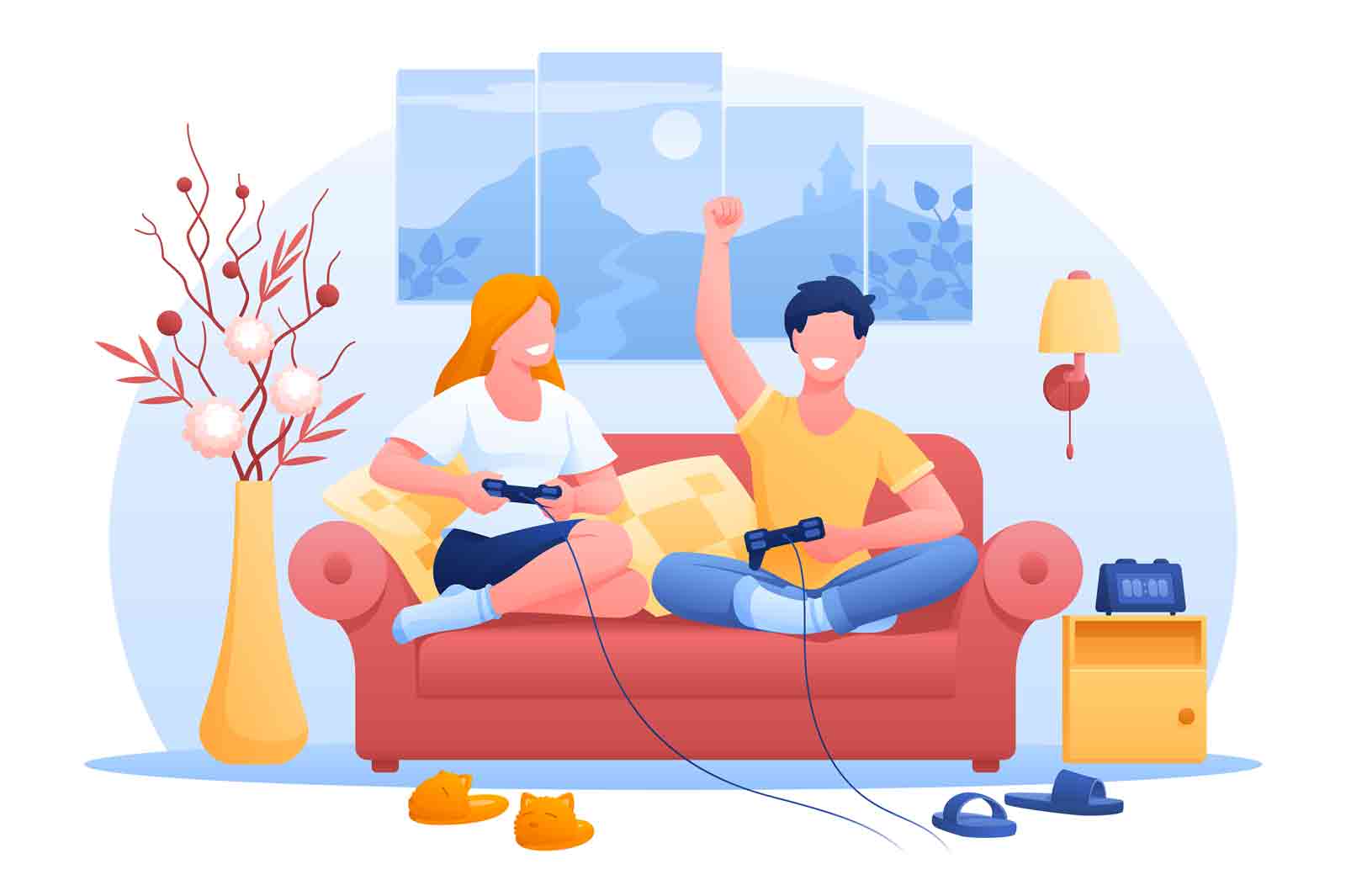 Couple playing computer games at home together vector illustration. Man and woman using game joystick flat style. Home entertainment idea