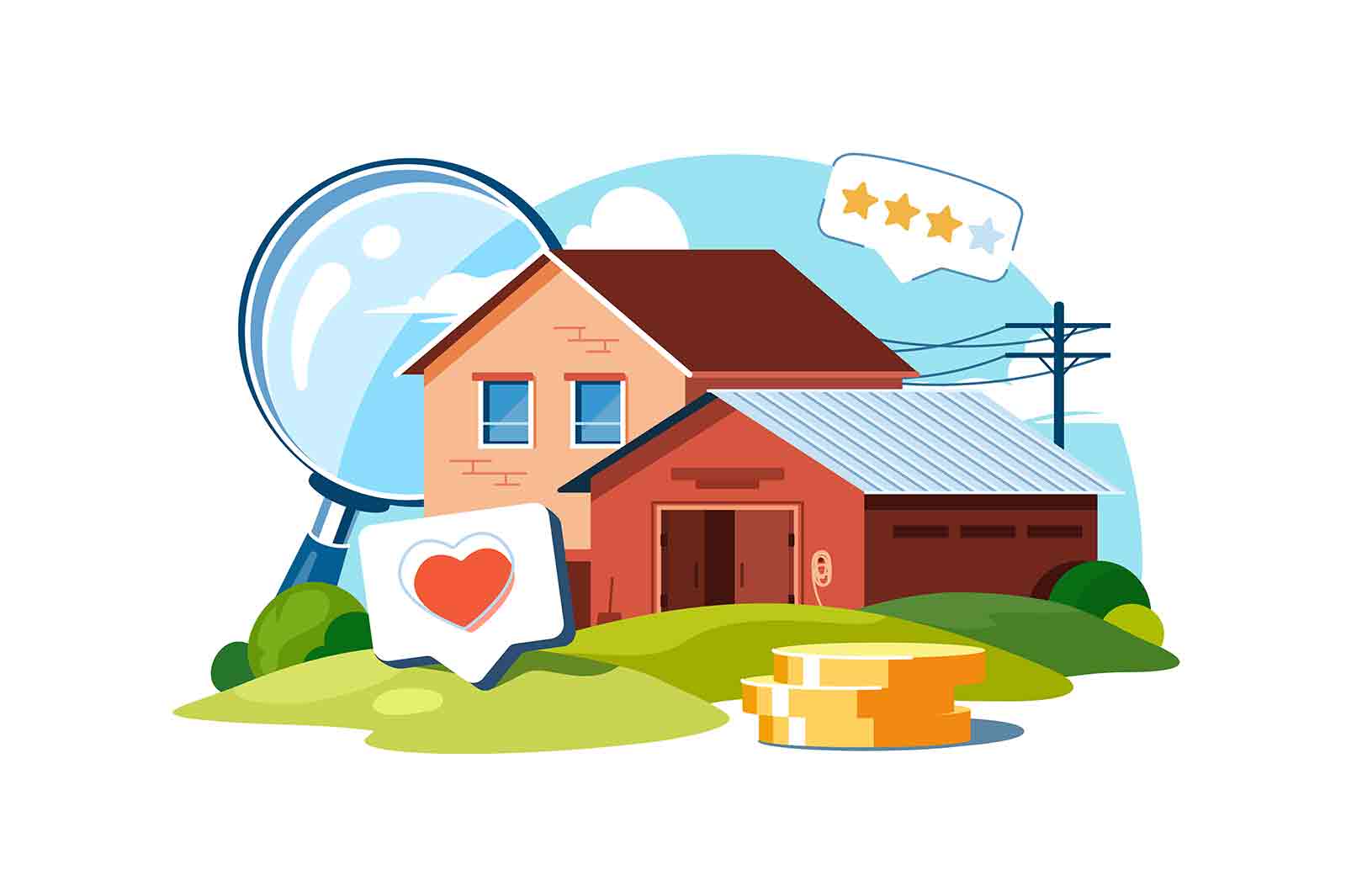 Real estate website with likes reviews and rating vector illustration. House, coins and magnifier flat concept. Rental or buying property online